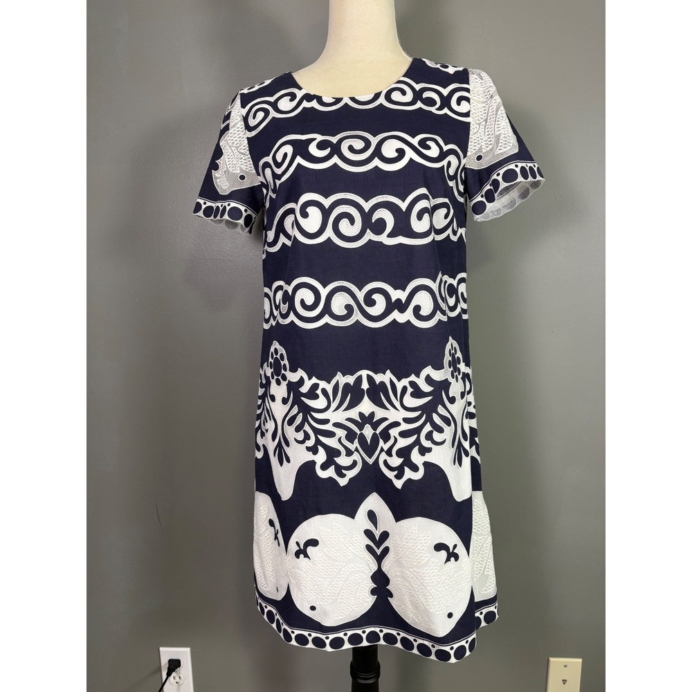 J.Crew Shift Dress 6 Navy White Scroll Damask Lace Mesh Preppy Mod Brunch Resort